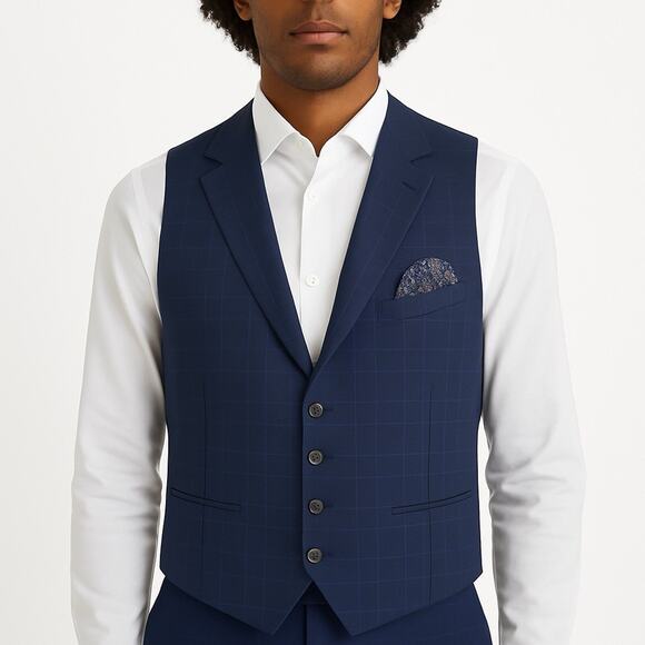 Ted Baker Men’s Wool Vest Navy Waistcoat with Patterned Lining V‑Neck Button 46R - Picture 1 of 10